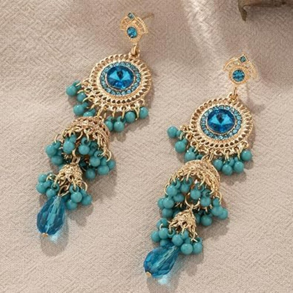 Dangle‎ Tassel Earrings Boho Beaded Bell Statement Set w Gold & Turquoise